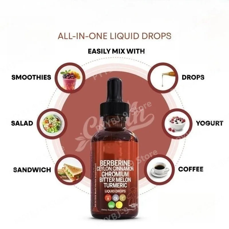 Berberine, Chromium, Turmeric & Ginseng 2Oz Liquid Drops Organic Herbal Supplement for Wellness Supports Healthy Balance